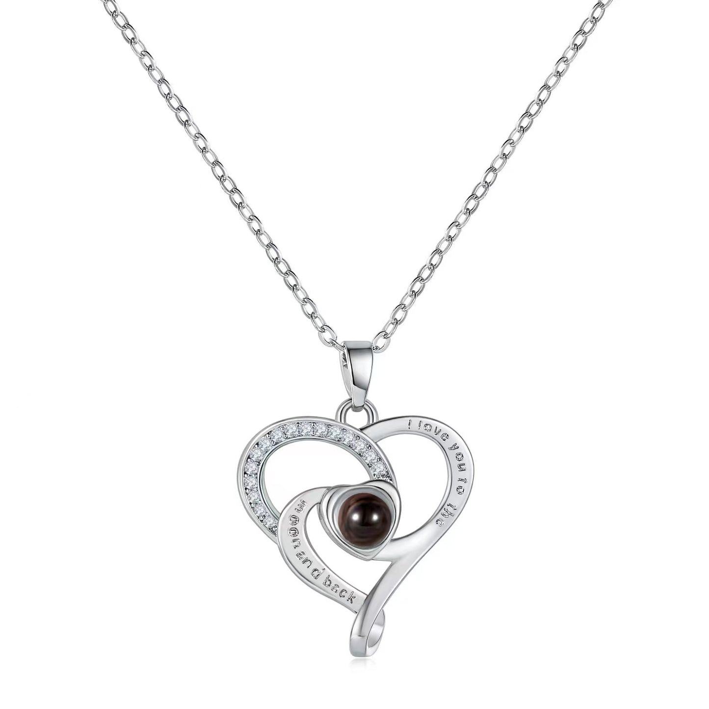 Hot-selling "I Love You" in 100 languages necklace, featuring a heart-shaped pendant, micro-paved design, perfect for moms.