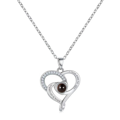 Hot-selling "I Love You" in 100 languages necklace, featuring a heart-shaped pendant, micro-paved design, perfect for moms.