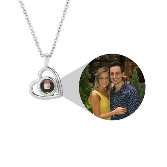 Customized heart necklace with 100 languages "I love you," featuring nano projection of color photos and text.