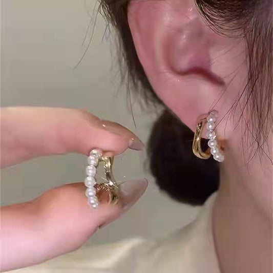 Minimalist geometric earrings for women, 2022 trend, faux pearl studs with 925 silver posts, unique design.