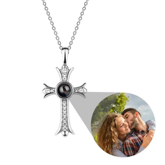 New cross pendant with full diamond, trendy design, and customizable photo projection in 100 languages.