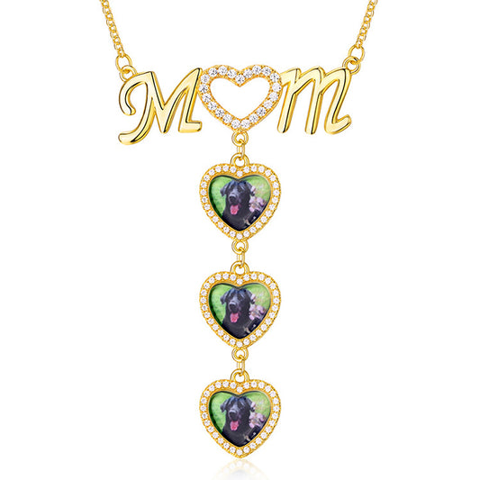 New 925 silver heart-shaped MOM pendant necklace with diamond accents and custom photo insert. Perfect personalized gift, available for wholesale.