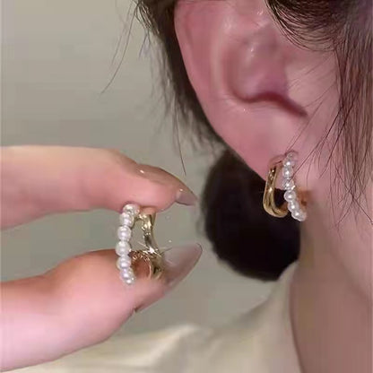 Minimalist geometric earrings for women, 2022 trend, faux pearl studs with 925 silver posts, unique design.