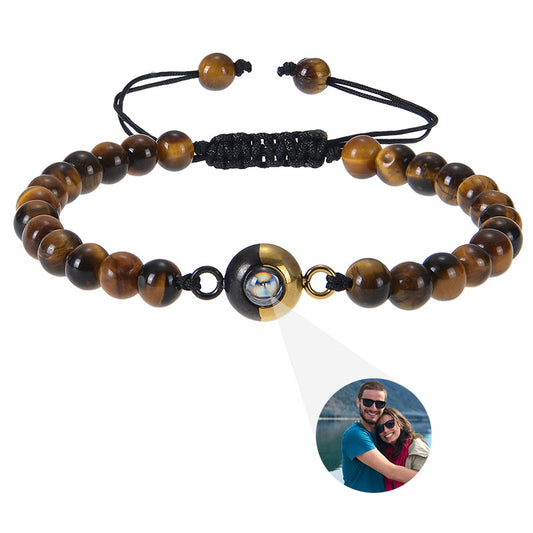 Custom 6mm Tiger Eye Photo Projection Bracelet with natural stones. Personalize with your image for a unique, dual-tone accessory. Great for gifts.