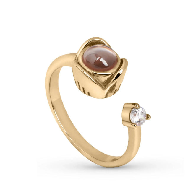 Custom projection couple rings for her feature "I Love You" in 100 languages. Adjustable open design, perfect as a memorable gift.