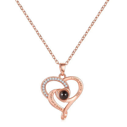 Hot-selling "I Love You" in 100 languages necklace, featuring a heart-shaped pendant, micro-paved design, perfect for moms.