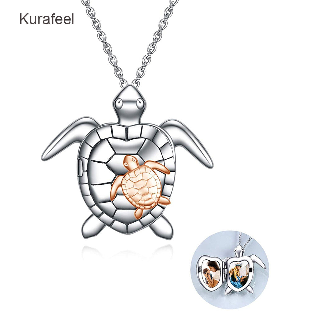 Custom color photo turtle pendant necklace for Mother's Day 2022. A unique birthday gift celebrating a mother's love