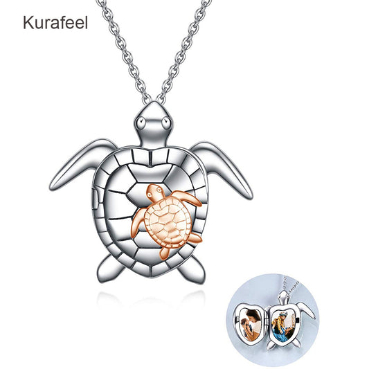 Custom color photo turtle pendant necklace for Mother's Day 2022. A unique birthday gift celebrating a mother's love