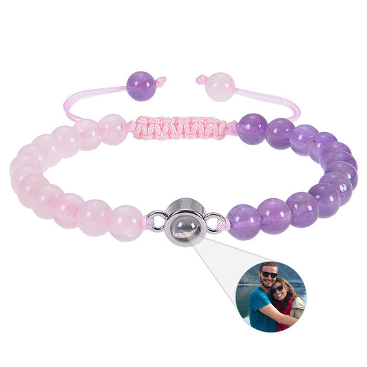 New adjustable rose quartz projection photo bracelet, featuring customizable natural stone and woven design for a personalized touch.