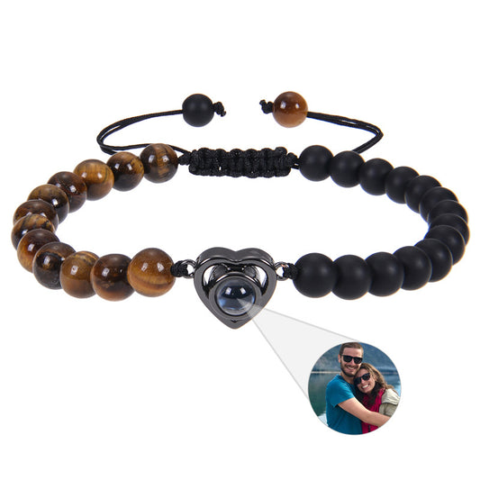 Custom Tiger Eye Stone Bracelet with Heart Pendant and Photo Projection. A stylish, personalized bracelet for couples. Perfect for gifts.
