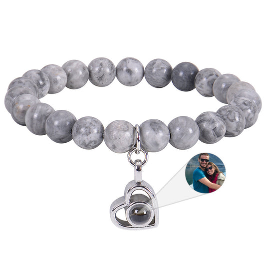 Custom photo projection bracelet with 8mm natural map stone beads. A unique beaded jewelry piece, perfect as a holiday gift.