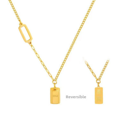 Gold bar necklace for women, titanium steel pendant, luxury square design, fade-resistant, similar to luxury jewelry.