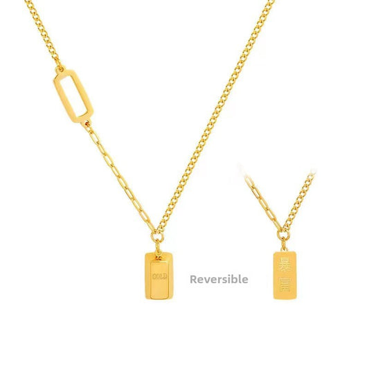 Gold bar necklace for women, titanium steel pendant, luxury square design, fade-resistant, similar to luxury jewelry.